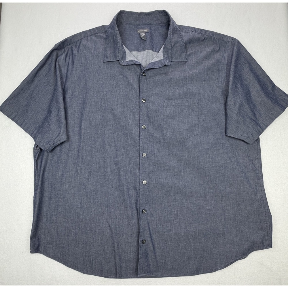 Van Heusen Mens 3XLT Navy Blue Heather Short Sleeve Button Down Shirt Stretch